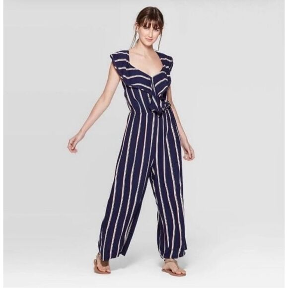 NWT Womens Xhiliration Navy Striped Empire Neckline Eyelet Detail Jumpsuit  Sz S - Picture 1 of 4